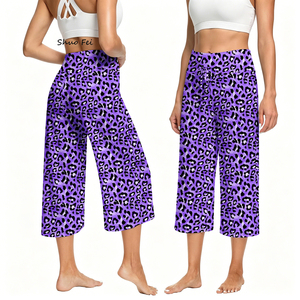 Pantalones Capri de Yoga para Mujer, con Estampado de Leopardo Morado Vibrante, Cintura Alta con Cordón, <span class=keywords><strong>Pierna</strong></span> Ancha, para Gimnasio y Uso Casual, Suaves - Product Image 1