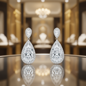 Orecchini Pendenti E1032 in Oro Bianco con Zirconi Taglio a Pera, Montatura a Castone, Gioielli Classici da Sposa per Donna - Product Image 2