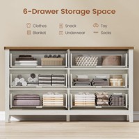 Commode rustique de style farmhouse à 6 tiroirs extra-larges en bois avec poignées métalliques, meuble TV de 54 pouces pour chambre à coucher et salon
