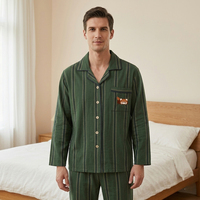 Ensemble de pyjama en coton rayé pour homme, imprimé panda rouge, poche, vert foncé, manches longues, boutons sur le devant, taille élastique, vêtements de nuit, fabrication usine
