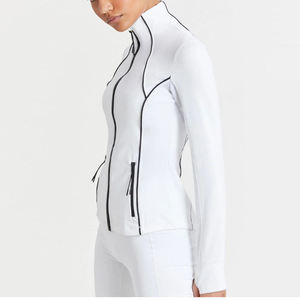 Hauts <span class=keywords><strong>de</strong></span> gymnastique moulants à manches longues pour femmes, vêtements d'extérieur <span class=keywords><strong>de</strong></span> <span class=keywords><strong>sport</strong></span> personnalisés en élasthanne/nylon, vestes <span class=keywords><strong>de</strong></span> yoga à fermeture éclair, style cool uni coupe ajustée pour femmes - Product Image 4