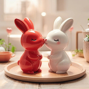 Ornements en céramique de Jingdezhen, Chine : Couple de lapins enlacés en porcelaine monoglaçurée, design pastoral, <span class=keywords><strong>cadeau</strong></span> mignon pour petite amie, décoration d'intérieur. - Product Image 2