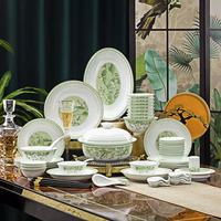 Service de table en porcelaine fine à motif d'oiseaux paysagers verts, vaisselle en céramique élégante de style chinois, fabriqué au Jiangxi, émaillé, compatible micro-ondes
