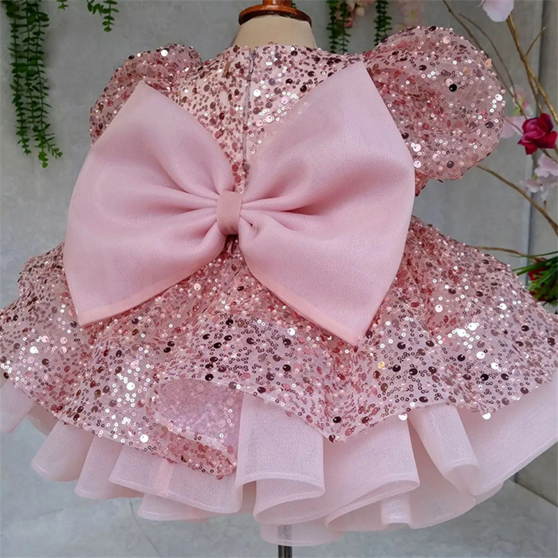 Pink Sequin Princess Bubble Sleeve Puffy Dress for Kids