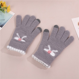 Gants d'hiver pour femmes, doublés polaire, coupe-vent, compatibles écran tactile, chauds, mignons, en peluche tricotée, à doigts entiers, avec nœud papillon, en acrylique/coton - Product Image 5