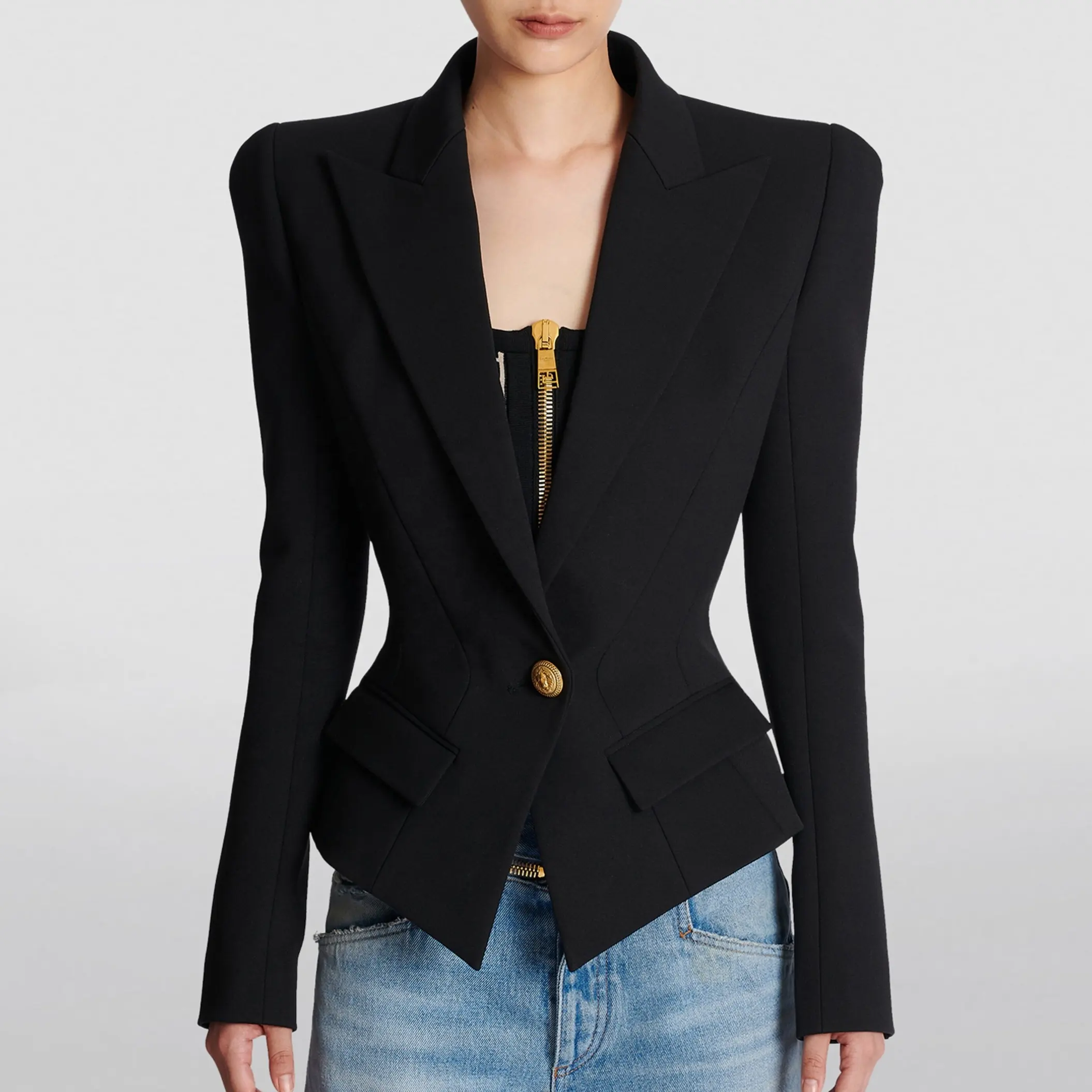 Blazer feminino preto clássico slim fit jaqueta vintage com almofadas de ombro com botão único para mulheres, roupa de escritório para uso em ruas