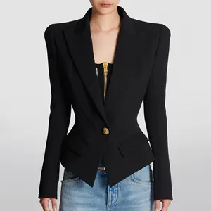 女式套装黑色经典修身夹克复古肩垫单扣西装外套女士办公服装
