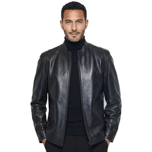 Black Mens Pure Sheep Leather Zipper <b>Jacket</b> Men's Black & BROWN Genuine Lambskin Leather Biker MOTO cafe racer <b>Jackets</b> - Product Image 2