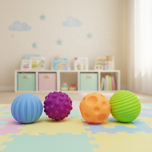 Jouets sensoriels écologiques en caoutchouc pour bébés Konig Kids, 4 pièces, balles texturées qui couinent, balles douces pour bébés, jouets d'apprentissage précoce, 0-24 mois - Product Image 1