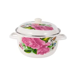 Panela de sopa de esmalte rosa de grande capacidade binaural retrô flor delicada de 24 cm por atacado