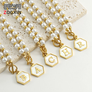 Pearl Chain Necklace Hexagon Pendant Letter B Imitation Pearl Gold Plated Unisex Everyday Wearing - Product Image 2