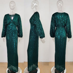 Abito elegante con scollo a V a manica lunga con paillettes per feste da sera - Product Image 5