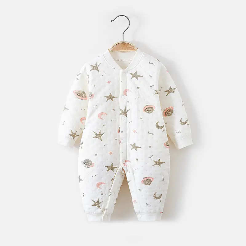 Newborn Winter Warm Baby Jumpsuits Custom Cartoon Print Snap Button Design Baby Cloth Romper