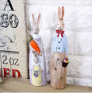 레트로 미국 국가 시뮬레이션 나무 조각 스타일 홈 장식 장식품 수지 공예 창조적 인 커플 토끼 장식품