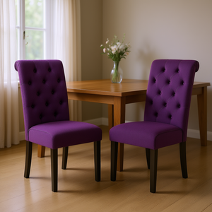 Juego de 2 Sillas de Comedor DB Leviton Tapizadas en Tela Morada con Patas de Madera Maciza, Diseño Tradicional Moderno - Product Image 2