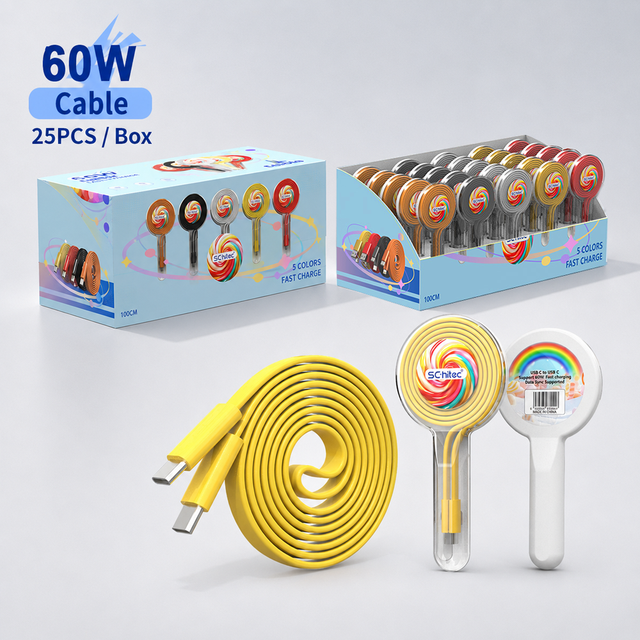 Wholesales TPE Flat USB C Cable 60W Max Fast Charging with Candy Plastic Gift Box Perfect for Gifts & Resale