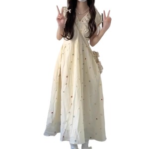 French Retro Puff Sleeve V-Neck Floral <b>Dress</b> <b>Elastic</b> Waist Breathable Daily Casual Maxi <b>Dress</b> For Women - Product Image 5