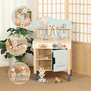 Banc d'atelier en <span class=keywords><strong>bois</strong></span> bleu brume pour enfants avec outils de jeu d'imitation pour le bricolage et les jeux de rôle - Product Image 1