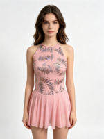 Robe de danse pour filles/femmes, rose, à bretelles, en sequins, en maille, en spandex/nylon, pour la danse lyrique, le ballet contemporain, la performance, la danse artistique