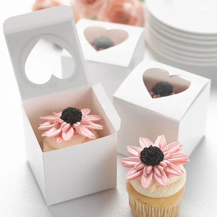 Biyo özel kare boyutu beyaz kek pasta kağıt kutuları kek için ücretsiz tasarım plastik pencere ile katlanır kartonları pasta için
