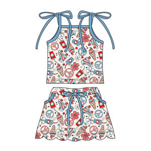 GSSO3424 Ensemble d'été personnalisé pour petite fille, motif rayé bleu style ferme, vente en gros, vêtements pour enfants, ensemble fille à manches courtes - Product Image 2