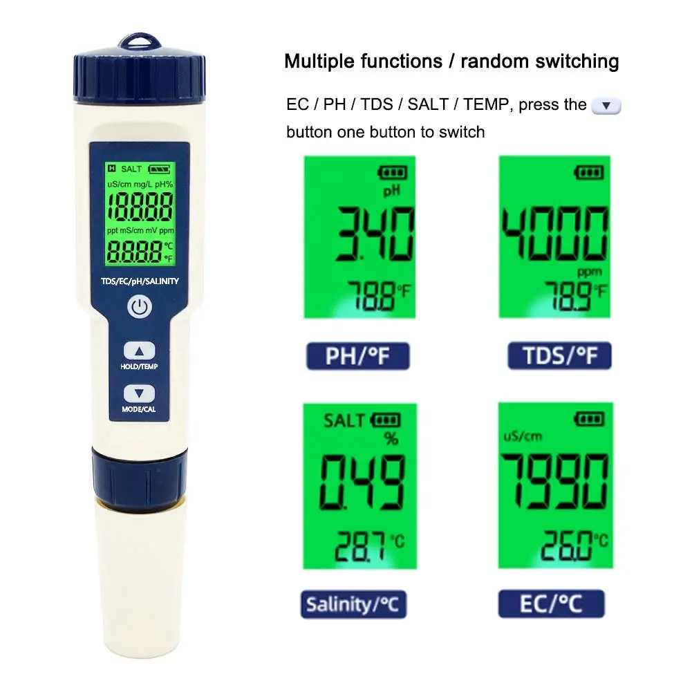 高品質5 in 1 TDS/EC/PH/塩分/温度計デジタル水質モニターテスター