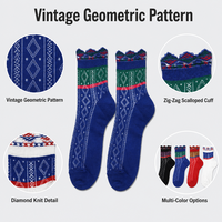 Chaussettes pour femmes personnalisées, style vintage géométrique, avec bord festonné, en tricot rétro, OEM ODM, logo personnalisé, pour un usage quotidien, décontracté ou comme cadeau