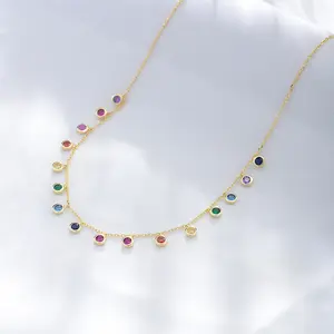 S925 Sterling Silver Round Zircon Necklace For Women Europe And America Lively Colorful Gem Pendant Collarbone Chain