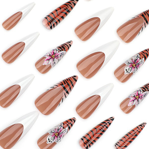 <span class=keywords><strong>Uñas</strong></span> Postizas con Diseño de Rayas de Tigre Estilo Punk, Alta Calidad, Cobertura Total, Diseño 3D con Flores, Punta Francesa, Largas y Estilizadas, Reutilizables, Arte de <span class=keywords><strong>Uñas</strong></span> Acrílicas - Product Image 3
