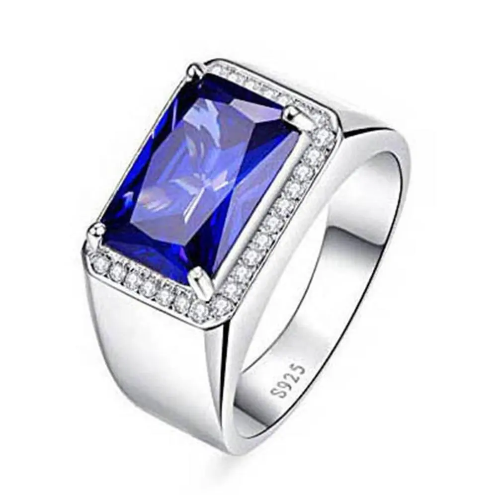 Anillo de compromiso de plata 925 azul anillo de circón hombre joyería Esmeralda corte tanzanita anillo