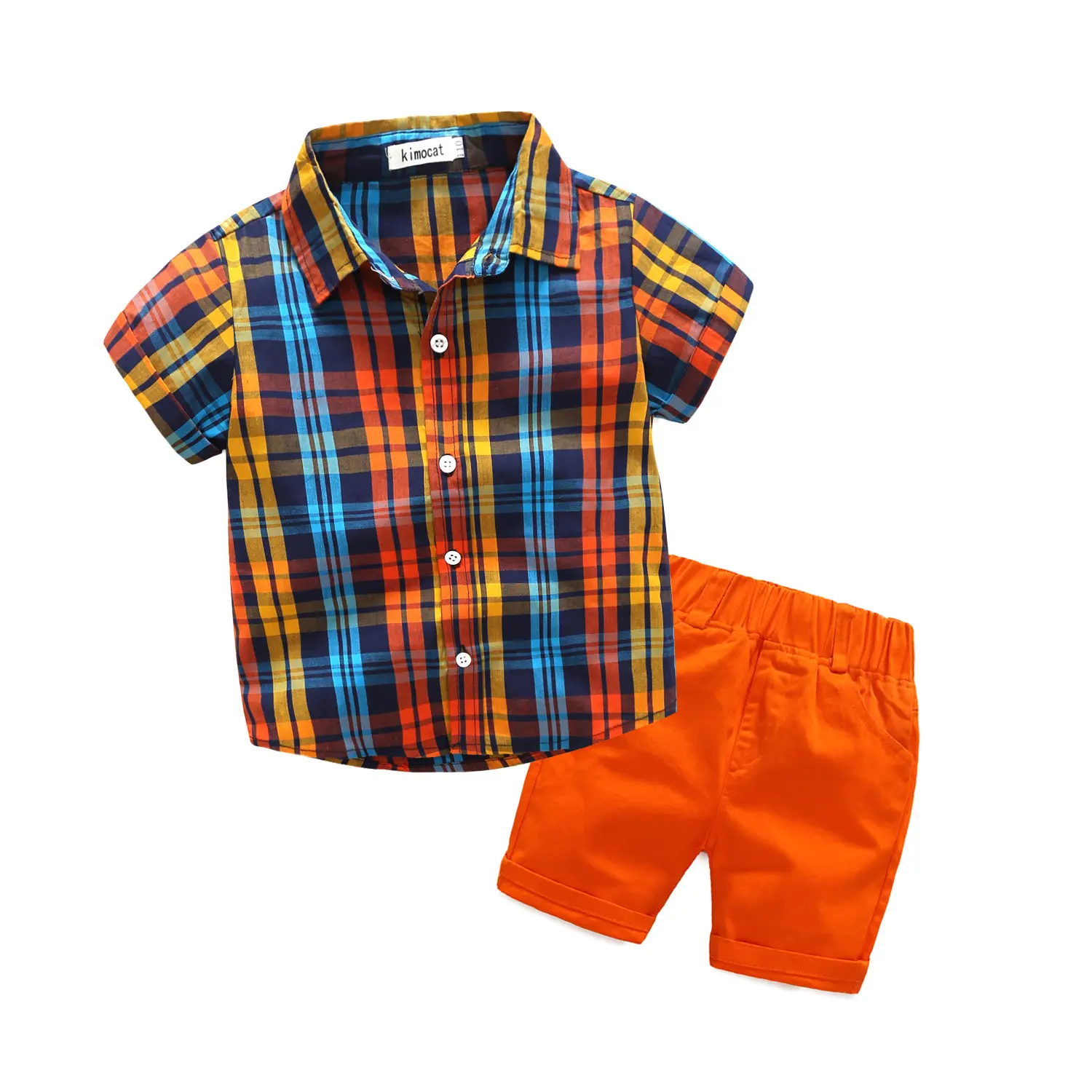 Baju Kotak-kotak Anak-anak Baru Musim Panas Sistem Kuning, Baju Celana Pendek Oranye Segar 2 Potong Setelan Anak Laki-laki Modis Baju Pantai Anak Laki-laki