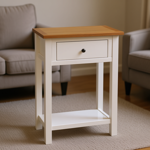 Mesa Auxiliar de Madera de Roble Macizo Blanco con Cajón, Muebles para Sala de Estar - Product Image 2