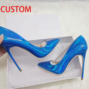 Fabricante personalizado Hot <span class=keywords><strong>Sals</strong></span> azul láser puntiagudo tacones altos tamaño grande 45 tacones delgados zapatos de mujer bombas - Product Image 1