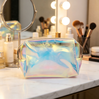 Grande trousse de toilette en PVC irisé, personnalisable, avec effet holographique laser, imperméable, pour le maquillage et les voyages
