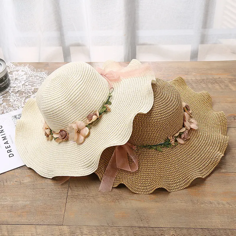 2024 new Summer Korean women's big wave flower sun hat beach outdoor sun hat simulation flower sun block straw hat
