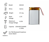 Baterai Lithium Polimer 401525 Baterai Pengganti 2 Kabel Baterai Isi Ulang 120MAh untuk Jam Tangan Pintar Earphone Bluetooth TWS