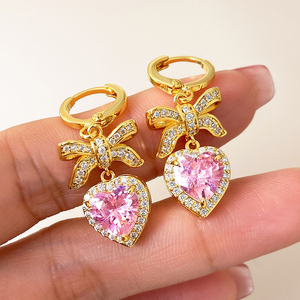 Pendientes de Aro Colgantes con Lazo y Piedra de Corazón Rosa de Circonita Cúbica Chapados en Oro para Mujer, al por Mayor, de Moda - Product Image 5