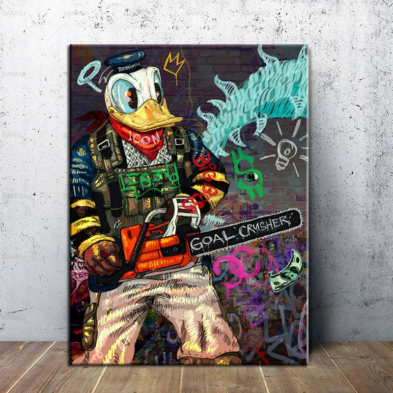 Cartoon Duck Holding Electric Drill in Hand Make Money Canvas Painting Wall Art Picture Street Poster Cuadros Bedroom Room Decor