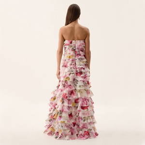Personnalisé Sans Bretelles Fermeture Éclair Arrière <span class=keywords><strong>Horizontale</strong></span> Gaze Volants Tout au long Confortable Élégant Chic Armure Maxi Robe Décontractée - Product Image 5