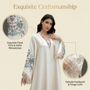 Vestido Largo Islámico con Mangas de Lentejuelas y Borlas, Estampado Crema, para Eventos - Product Image 3
