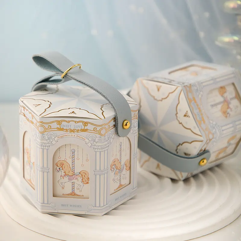 Favor Gift Paper Box PU Handle Carousel candy box for Baby Shower Birthday Party Decoration Supplies