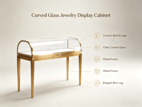 Comptoir de présentation de bijoux en verre incurvé de luxe, pieds en métal doré brossé, logo personnalisé, éclairage LED, vitrine de vente au détail pour centre commercial
