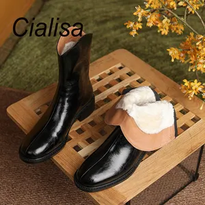 Cialisa – chaussures de luxe en fourrure véritable faites à la main pour femmes, bottines à talons mi-hauts noirs, bottines courtes