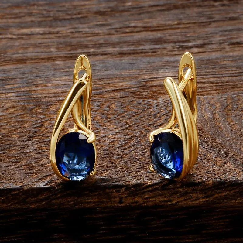 Huitan Trendy Fashion Gold Plated Wedding Jewelry Women Elegant CZ Huggie Shiny Blue Color Rhinestone Crystal Hoop Earrings