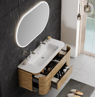 Meuble-lavabo de salle de bain moderne de luxe en bois naturel courbé, gain de place, double vasque, miroir LED intégré pour appartement et suite parentale