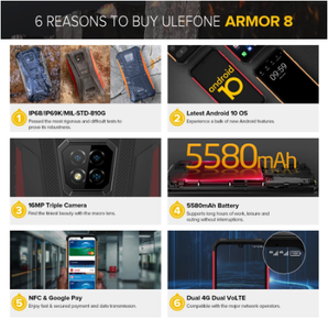 โทรศัพท์มือถือ <span class=keywords><strong>Ulefone</strong></span> <span class=keywords><strong>Armor</strong></span> <span class=keywords><strong>8</strong></span> ระบบปฏิบัติการ Android 10 ทนทาน รองรับ 4G NFC ชิปประมวลผล Helio P60 หน่วยความจำ <span class=keywords><strong>4GB</strong></span>+<span class=keywords><strong>64GB</strong></span>  โทรศัพท์แบบ Octa-core รองรับ 2.4G/5G WiFi หน้าจอ 6.1 นิ้ว กันน้ำ - Product Image 5