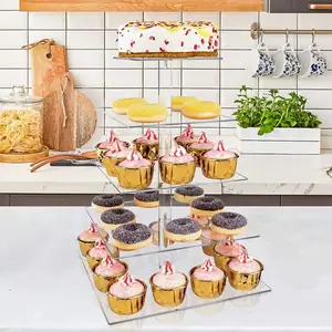 Présentoir à cupcakes carré en acrylique à 5 niveaux avec guirlande lumineuse LED, pour Dessert, pâtisserie, pour mariage, fête d'anniversaire