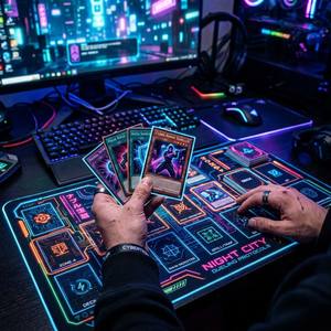 Tapis de jeu TCG <span class=keywords><strong>Cyberpunk</strong></span> Neon Premium, sublimation haute définition, tapis de jeu antidérapant en caoutchouc pour les joueurs d'e-sport - Product Image 4