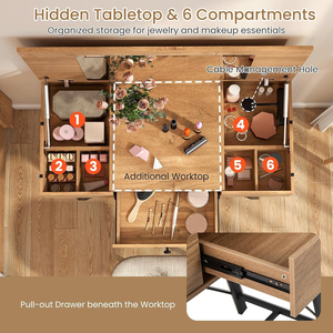 Table de maquillage moderne en bois avec miroir relevable, prise électrique intégrée, gestion des câbles, trous de rangement, bureau compact avec tiroirs - Product Image 6
