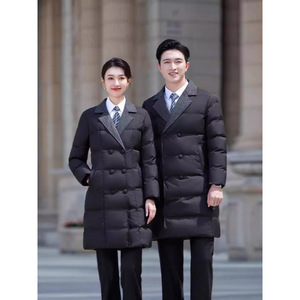 Black Cotton-Padded Coat Men Winter Long Double-Breasted Workwear Unisex Solid Color Polyester Outerwear - Product Image 4